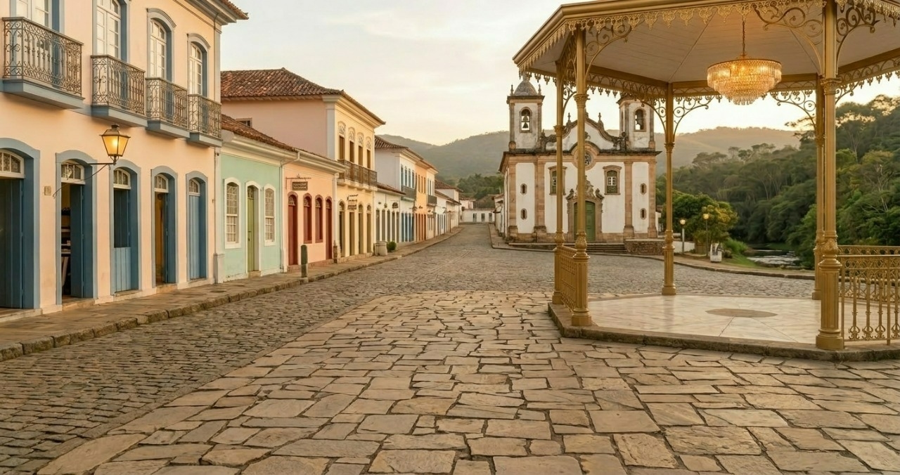 Uma xícara de café em uma mesa de madeira em uma varanda de uma cidade do interior, com vista para morros
