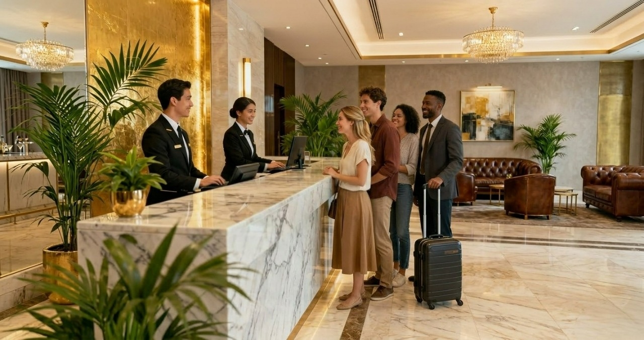 Hóspedes sorridentes fazem check-in no balcão de mármore de um hotel de luxo, atendidos por dois recepcionistas uniformizados