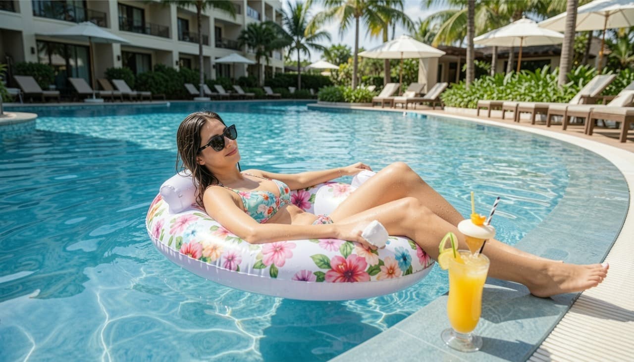 Mulher deitada em uma boia na piscina com um suco na borda