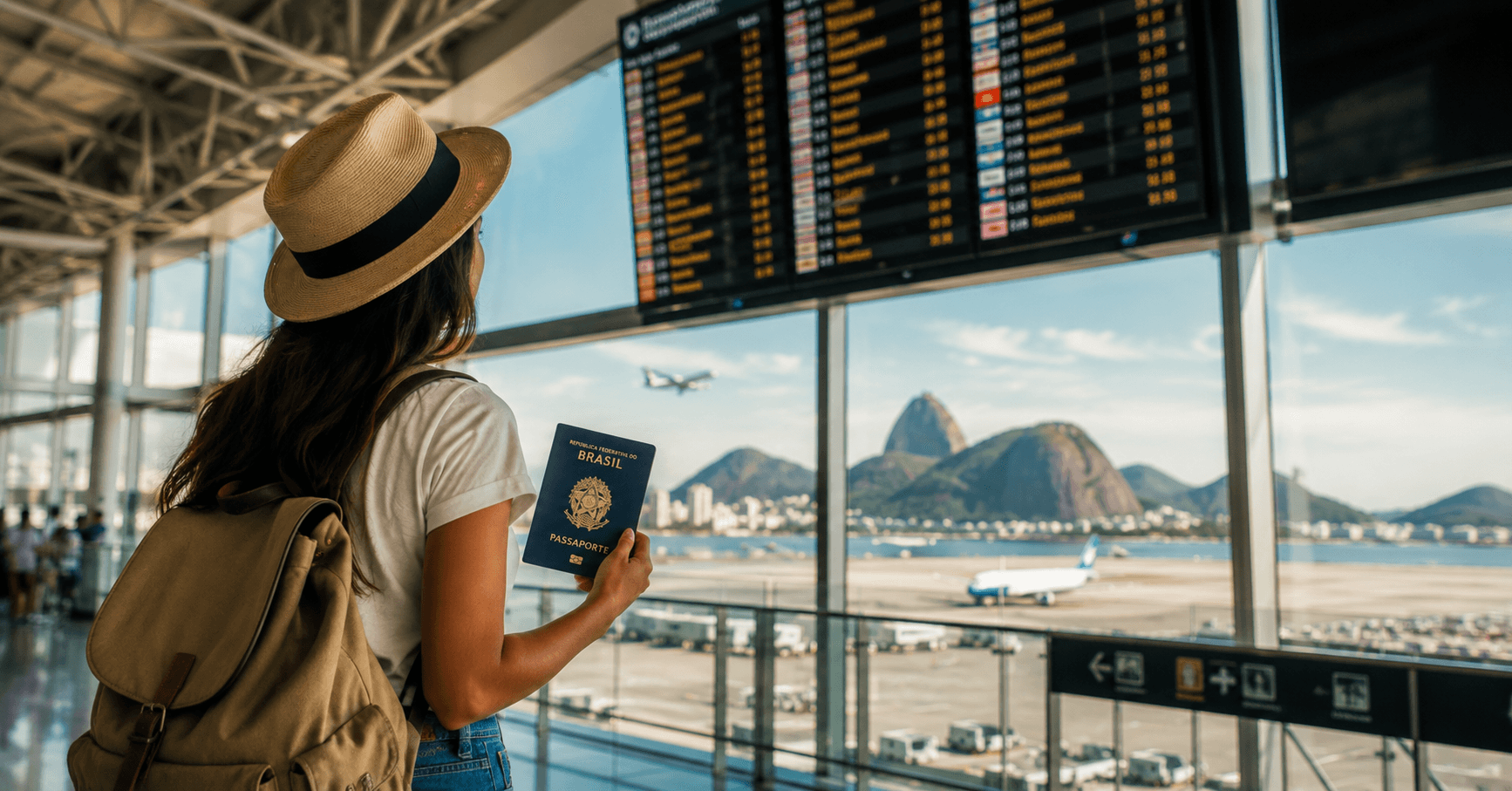 mulher segurando documento em aeroporto